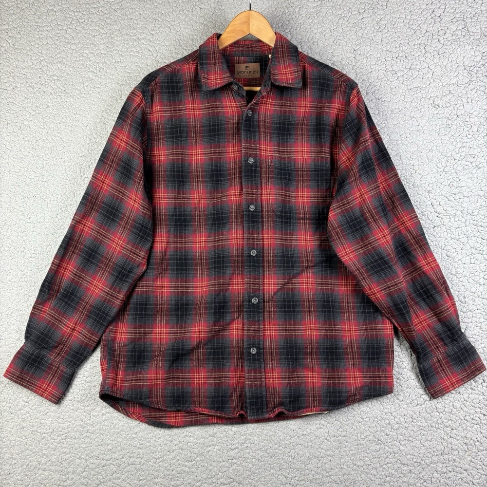 Woolrich Mens Size Large Maple Plaid Brushed Flannel Shirt Retail $60 Red black
